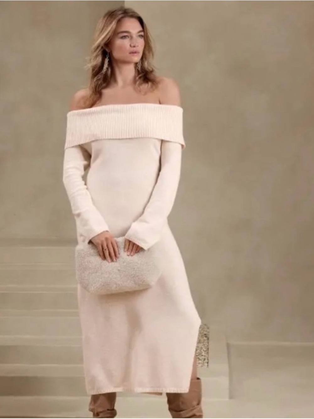 Banana Republic Off-Shoulder Midi Dress in Cream